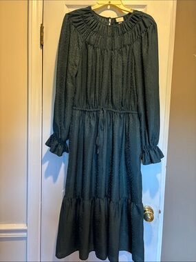 A New Day Long Sleeve Jacquard Tiered Midi Dress Medium Forest Green